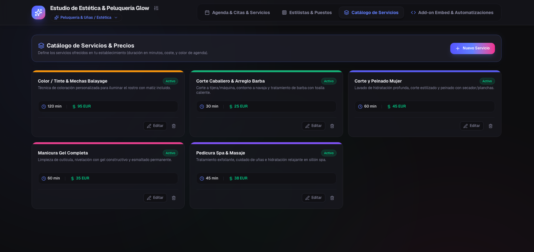 Gestor de Reservas — panel de servicios